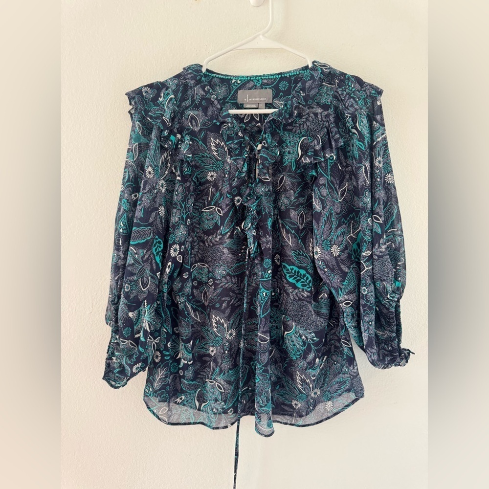Anthropologie Haida Boho Peasant Blue Floral
Semi Sheer Blouse NWT Small - Picture 1 of 11